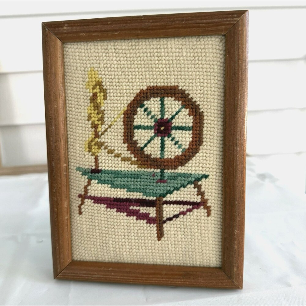 Vtg Framed Needlepoint Spinning Wheel Finished Completed 7.75 x 5.75 in Cottage